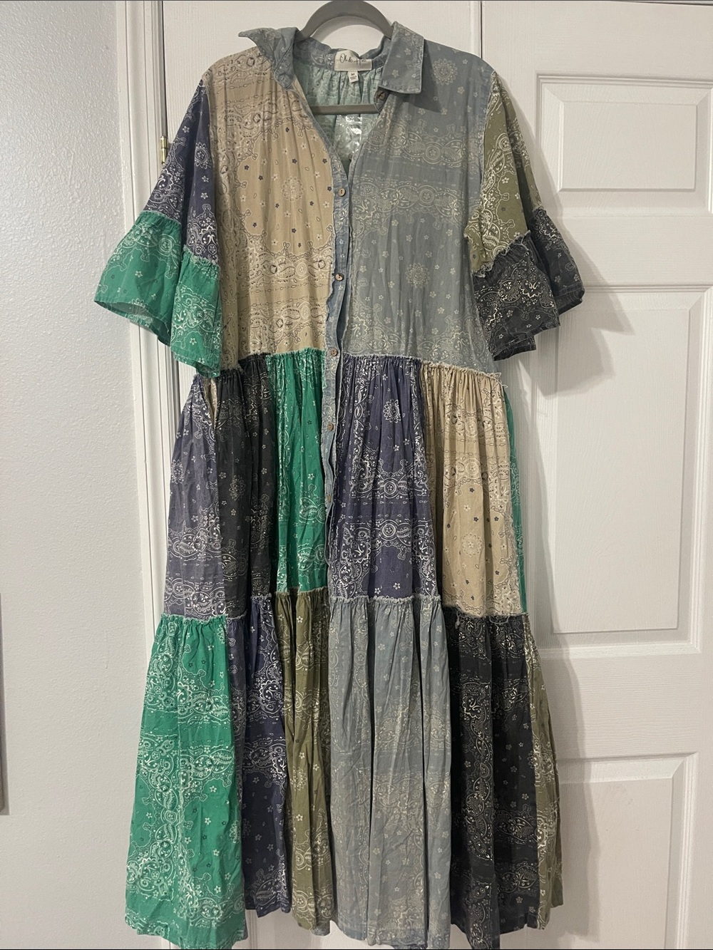 Oli & Hali Patchwork Tiered Maxi Dress in Green, Blue & Cream